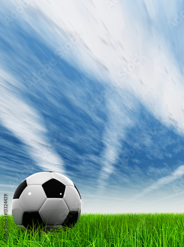 3D black soccer ball green grass  blue sky with plane trails