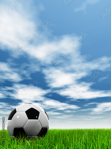 3D black soccer ball green grass and a blue sky with clouds
