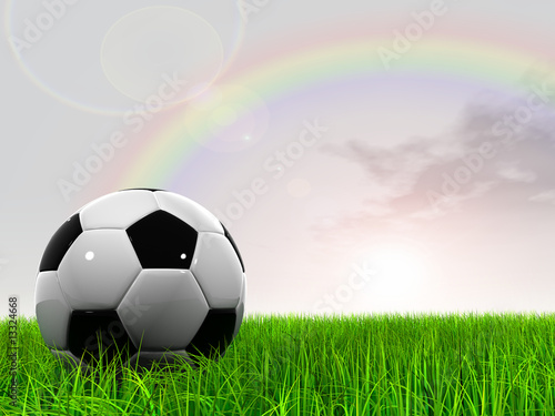 3D black soccer ball green grass and a blue sky with rainbow