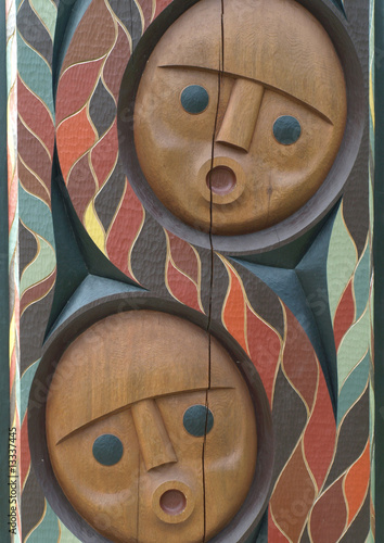 Detail of a North American Totem Pole with people faces