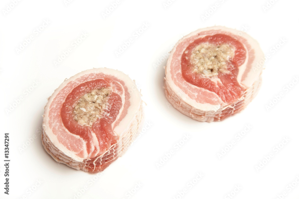 Belly pork and stuffing isolated on a white studio background.