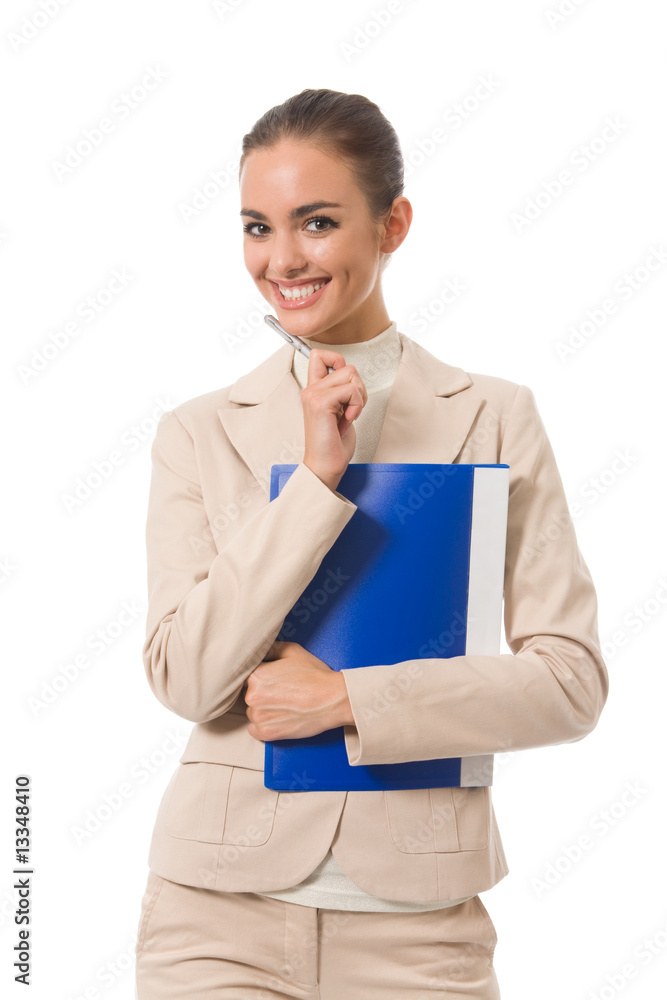 Young happy smiling businesswoman with folder, isolated Young happy smiling businesswoman with folder, isolated