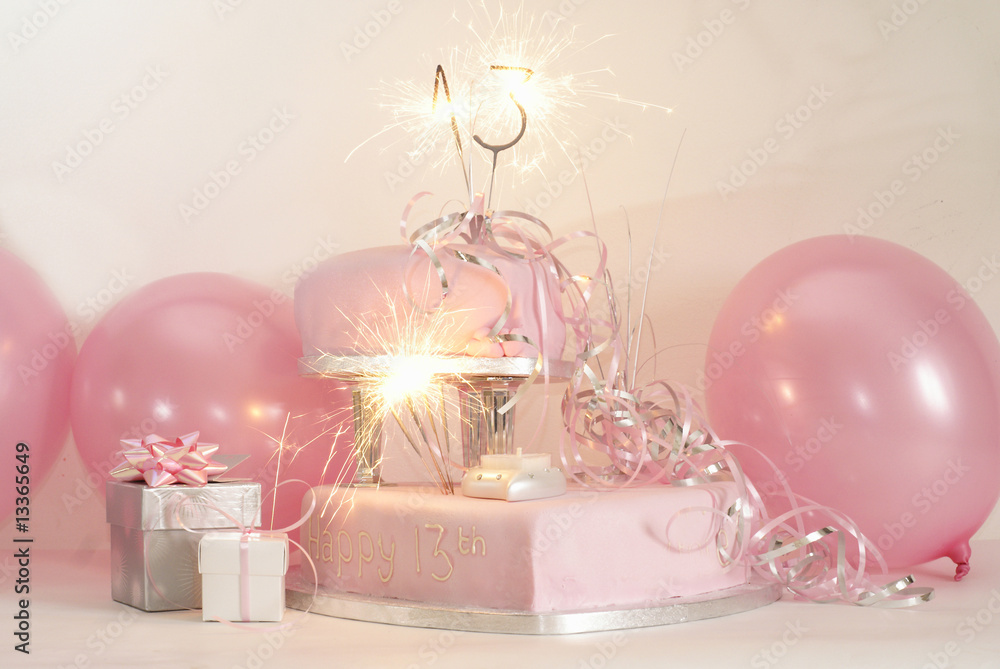 pink birthday cake with sparklers Stock Photo | Adobe Stock