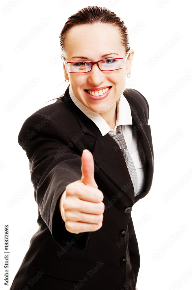 young smiley businesswoman showing thumbs up young smiley businesswoman showing thumbs up