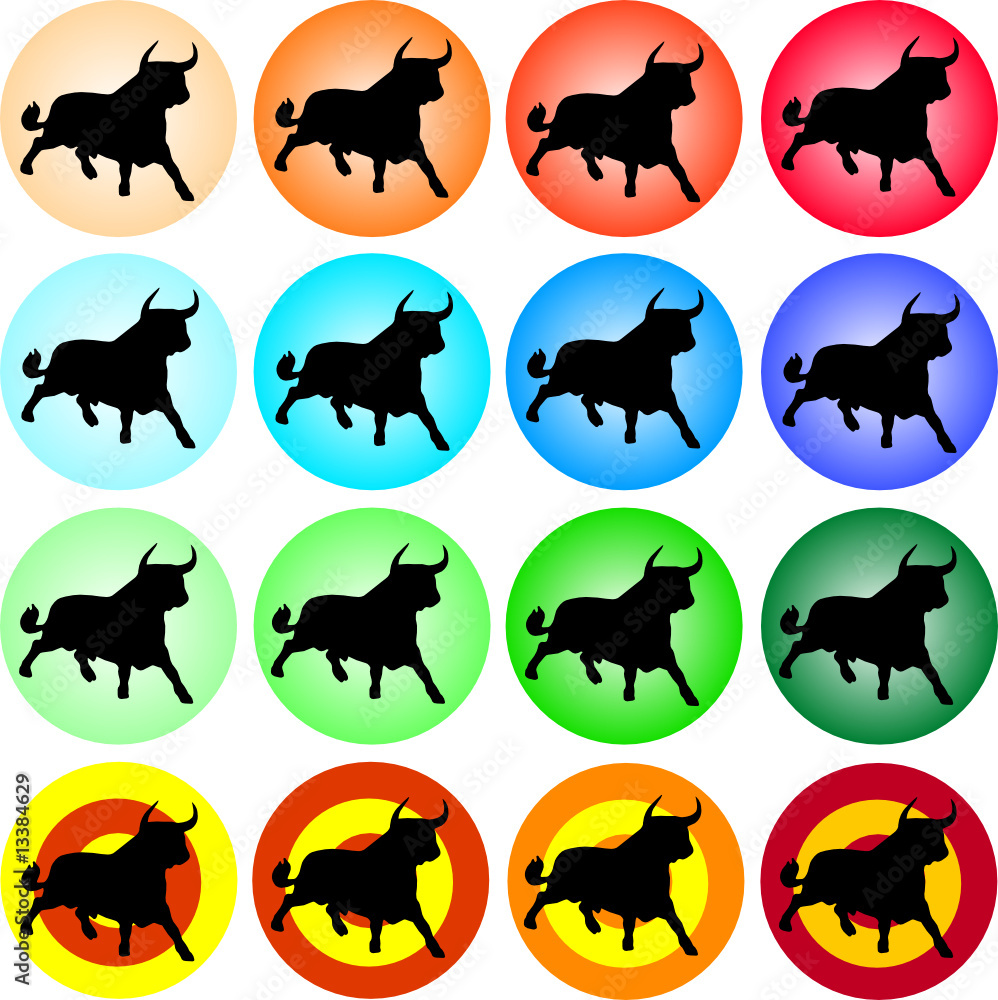 farbige buttons mit schwarzer stier-silhouette farbige buttons mit schwarzer stier-silhouette