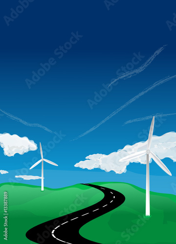 Windfarm landscape with curvy road