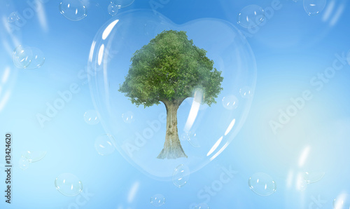 Green tree in a heart shaped soap bubble