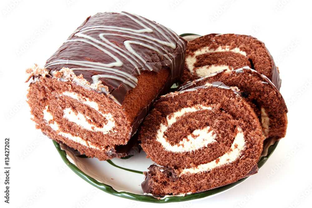 chocolate Swiss roll on white chocolate Swiss roll on white
