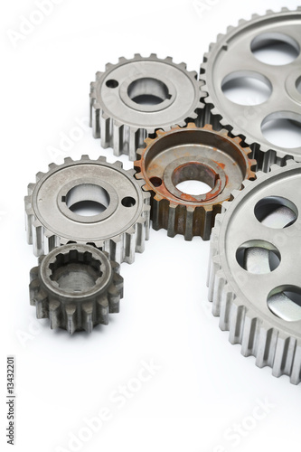 gears engagement rusty part on white background