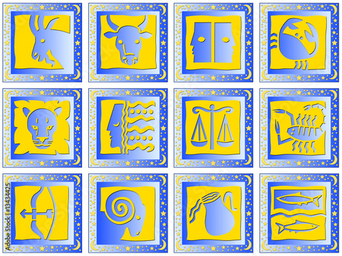 blaue dekorative quadrate mit tierkreiszeichen