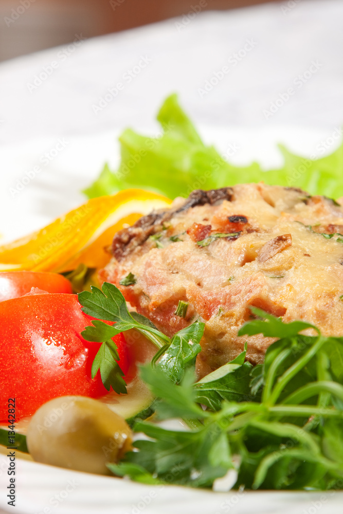 backed meat with green salad backed meat with green salad