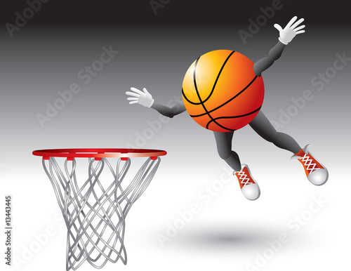 Flying basketball character to hoop