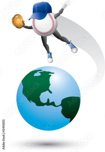 Baseball cartoon character flying around the world