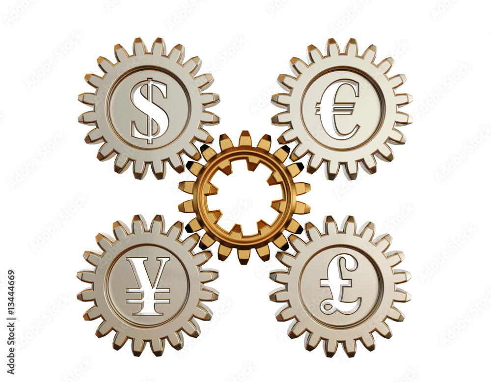 3D. Gear and currency symbols