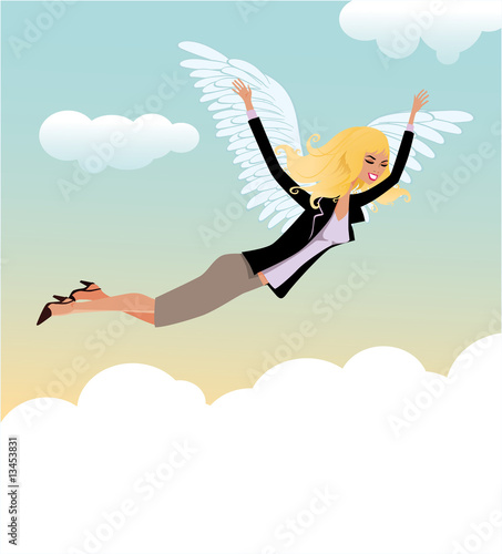 woman hovers in the skies of happiness