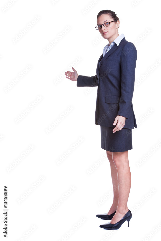 Buisnesswoman welcoming gesture Buisnesswoman welcoming gesture