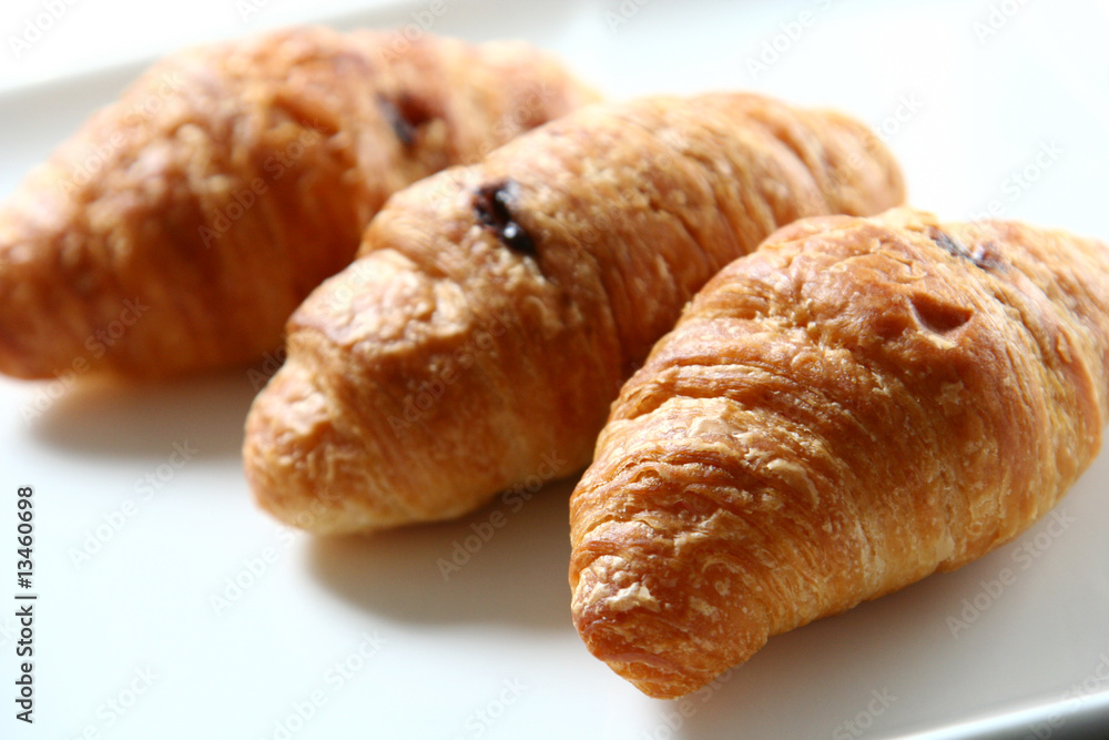 Croissants chocolate on white dish