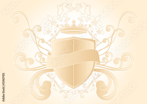 Coat of arms with heraldic lions, fleur de lis, crown and banner
