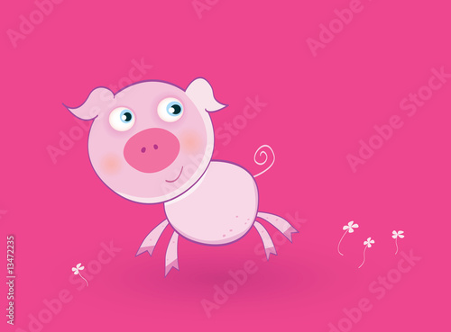 Pink baby pig. Vector Illustration of cartoon animal.