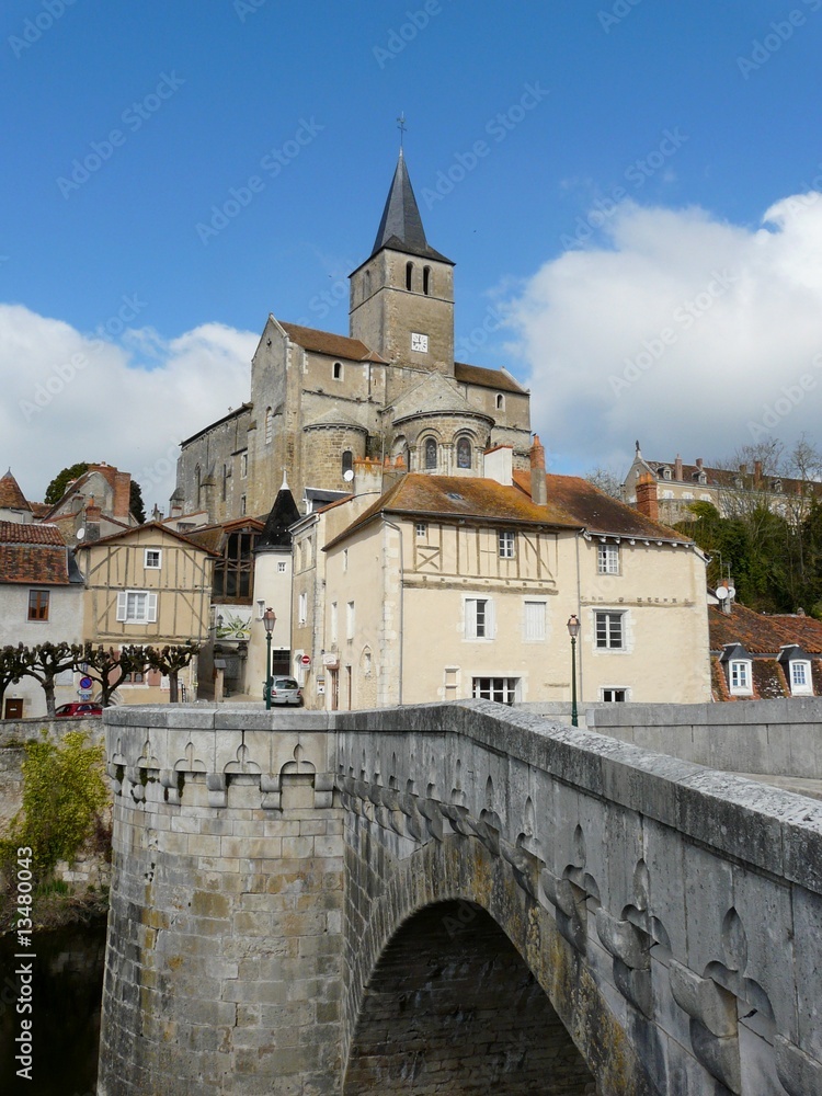View of the medieval riverside town of Montmorillon in France View of the medieval riverside town of Montmorillon in France