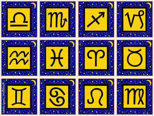 blaue quadrate mit goldenen tierkreiszeichen