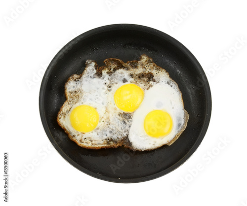 Bachelor food, not appetizing fried eggs on frying pan