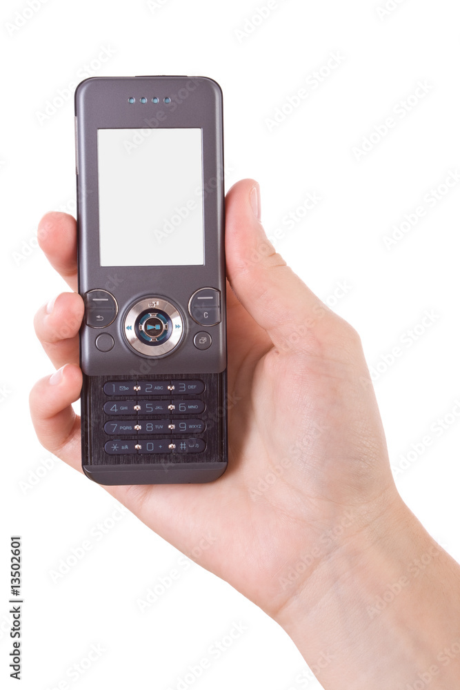 Hand holding mobile phone isolated on white Hand holding mobile phone isolated on white