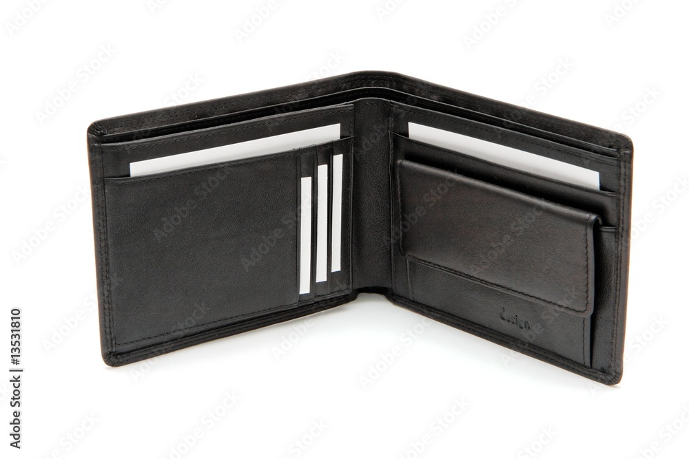 Open black wallet with white business cards isolated Open black wallet with white business cards isolated