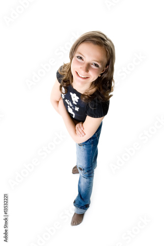 The girl looks upwards