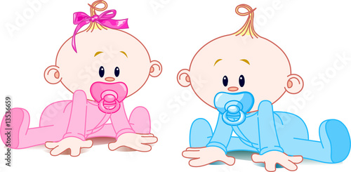 Two adorable babies -  the girl with bow and the boy.