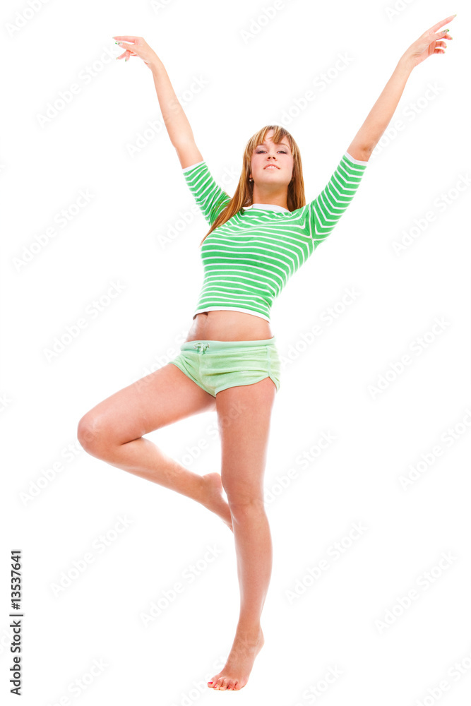 Summer girl in green top on isolated white Summer girl in green top on isolated white
