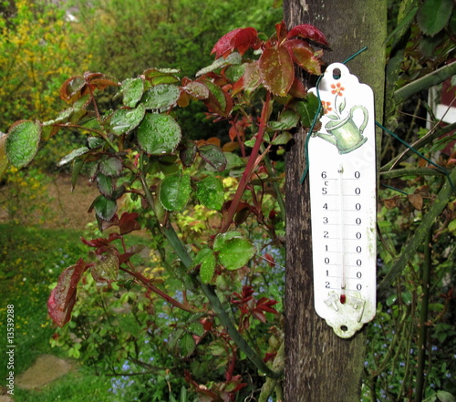 Thermomètre de jardin sur poutre en bois. photo