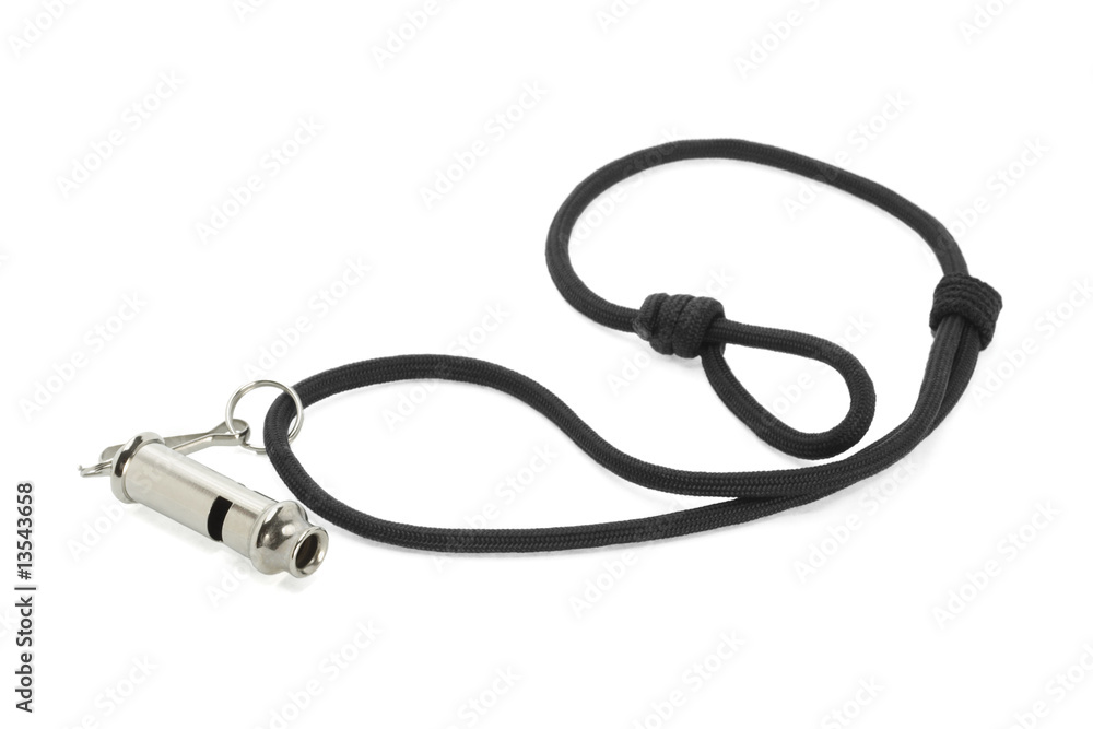 Metal whistle attached to black cord Metal whistle attached to black cord