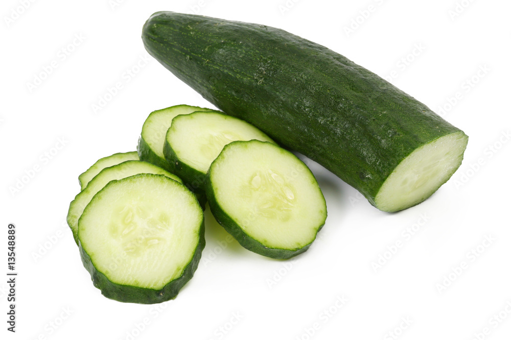 Cucumber and slices isolated on white background Cucumber and slices isolated on white background