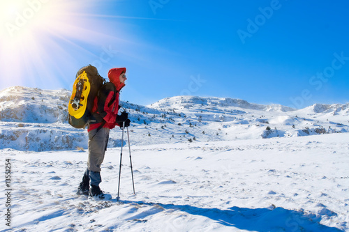 Hiker are in winter mountains