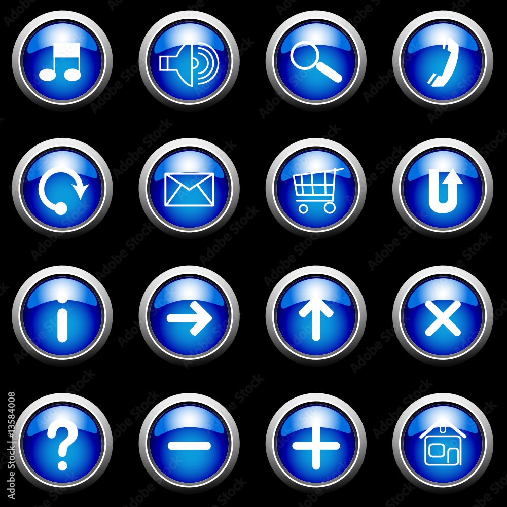 Blue buttons with white symbols on black. Vector. Blue buttons with white symbols on black. Vector.