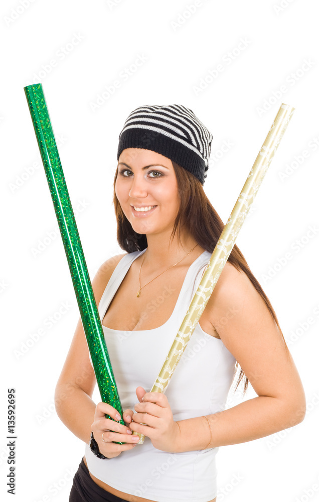 woman holding goold and greend wrapping paper rols woman holding goold and greend wrapping paper rols
