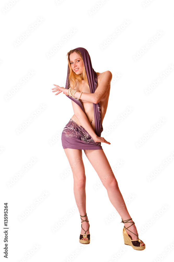Cute sexy young blond girl in purple skirt isolated Cute sexy young blond girl in purple skirt isolated