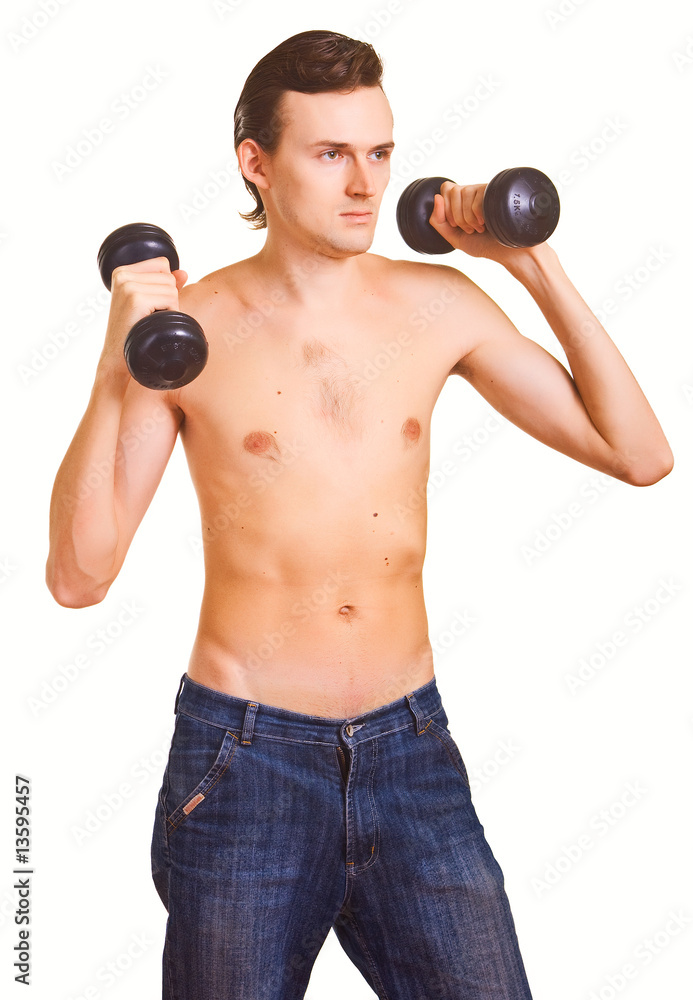 young naked men with dumbbells