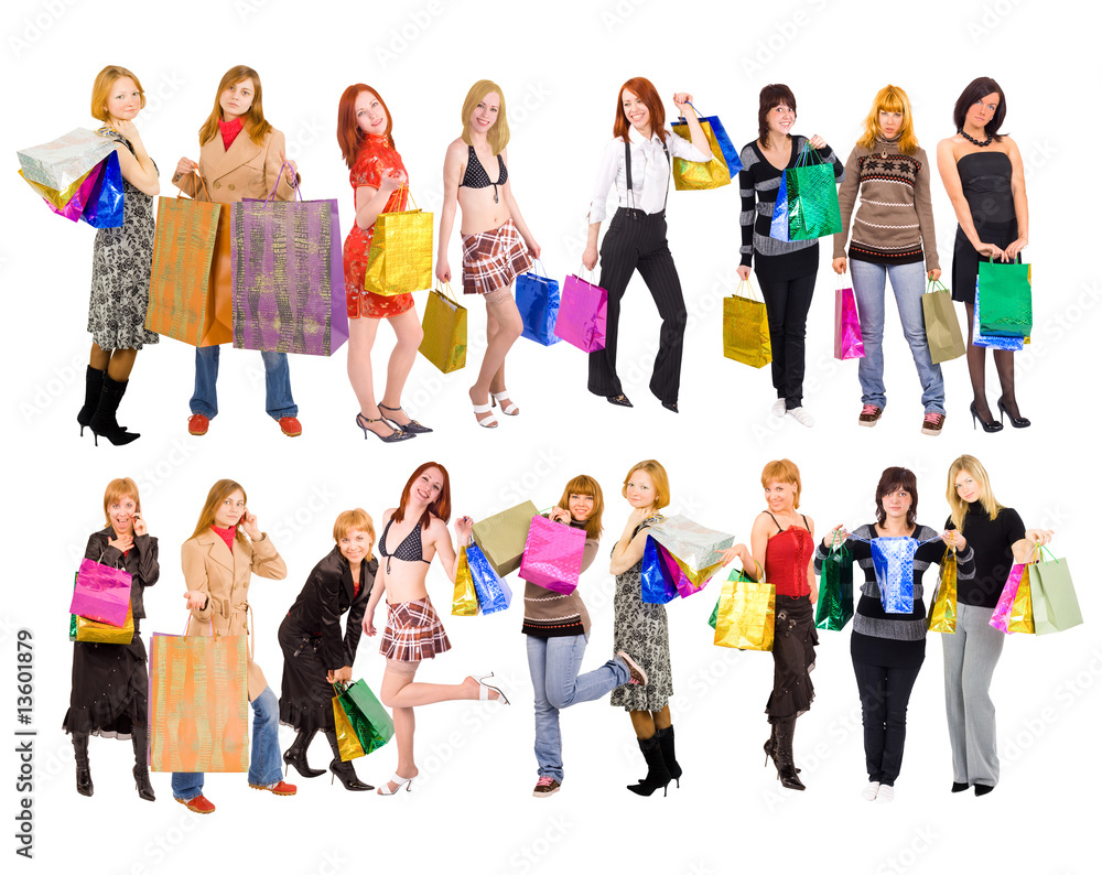 Obraz premium Shopping girls with bags isolated over white