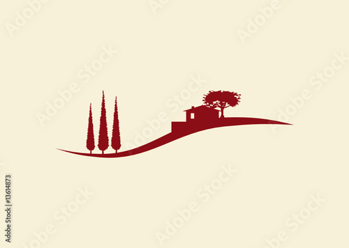 Vektor Haus Icon mit Hügellandschaft und zypressen