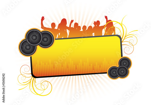 orange party text frame with people and ornaments