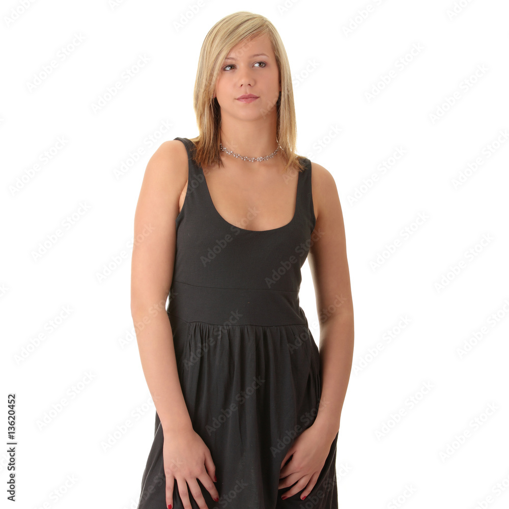 Beautiful teenager young blond girl in grey elegant dress Beautiful teenager young blond girl in grey elegant dress