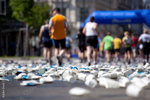 many paper cups on street, selective focus