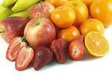 Fruits: apples, strawberries, oranges.