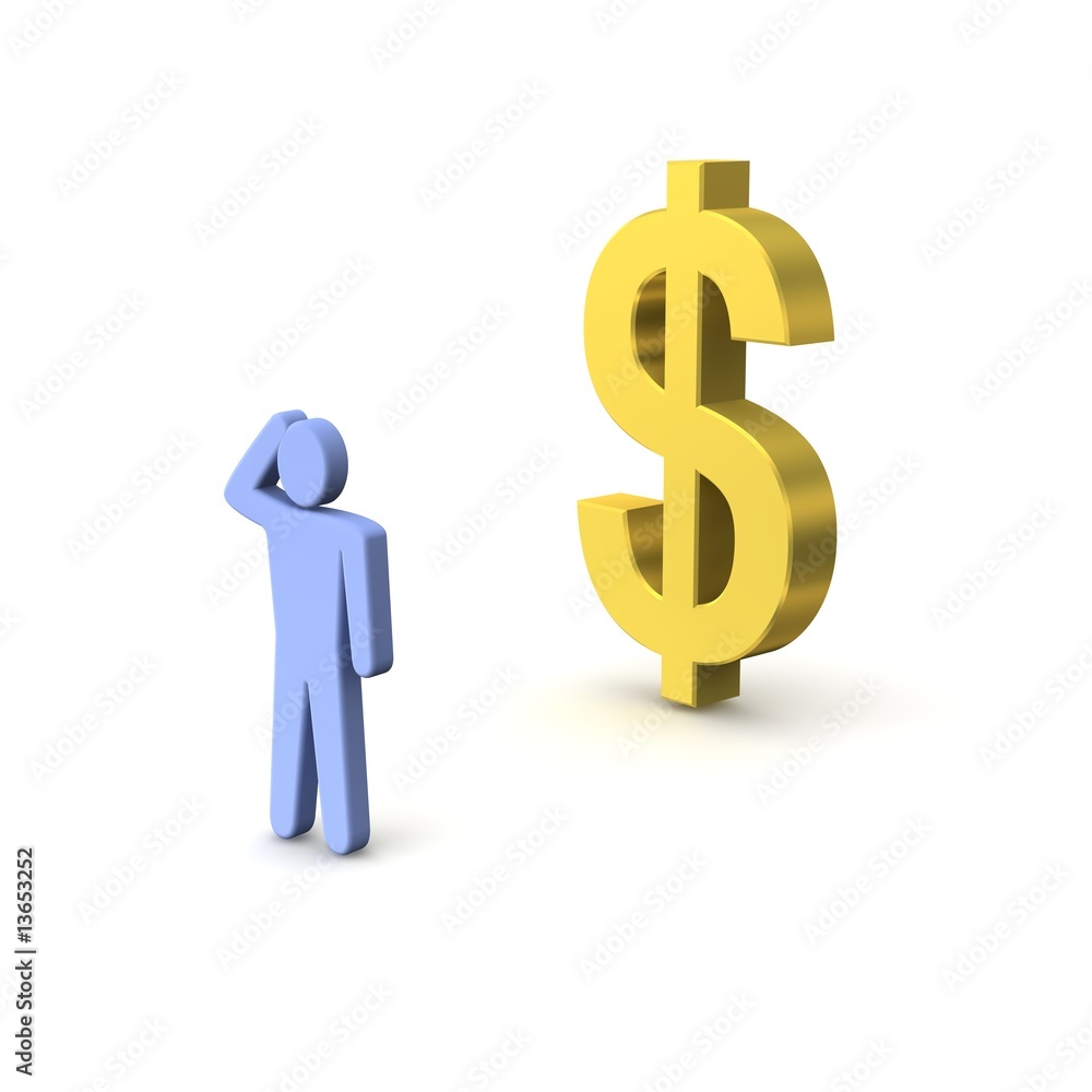 Golden dollar and thinking person. 3d rendered illustration. Golden dollar and thinking person. 3d rendered illustration.