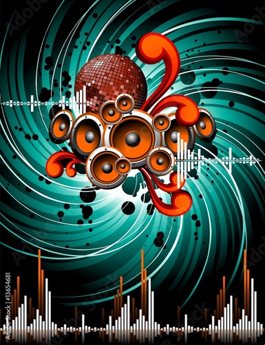 Illustration for a musical theme with speakers and mirrorball