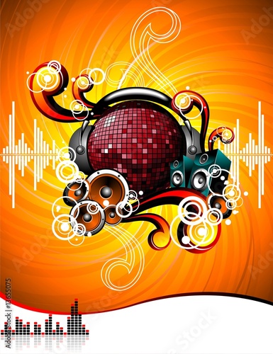 Illustration for a musical theme with speakers and discoball.