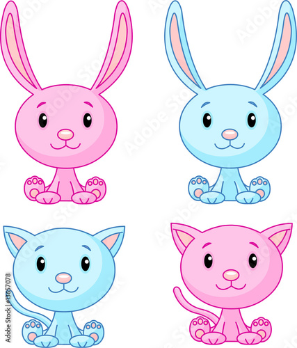 Cute cats and bunnies set. Vector illustration