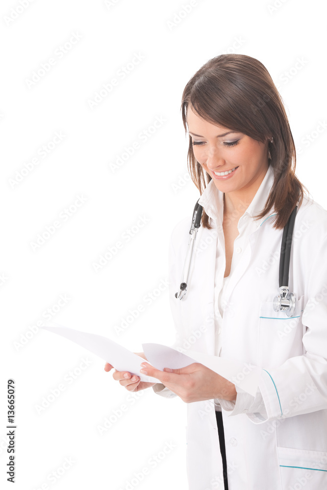 Happy doctor with document, isolated on white Happy doctor with document, isolated on white